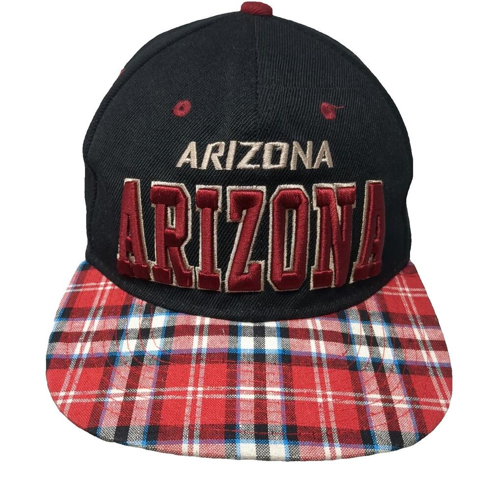 Headline Snapback Black Red Arizona Hat One Size Plaid Brim 3D Puff Embroidery